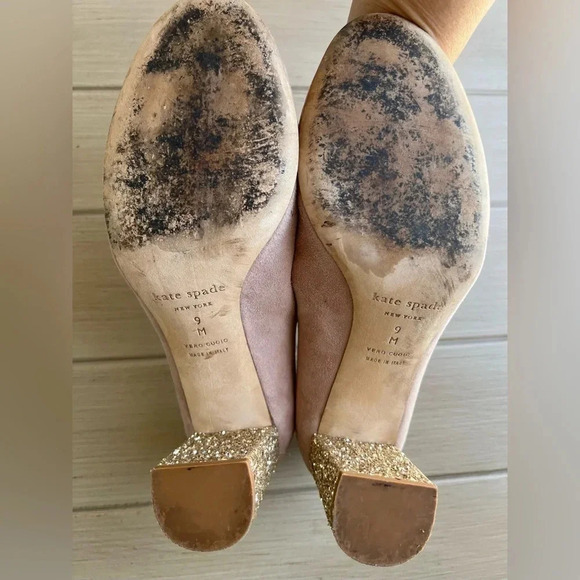 Kate Spade Anastasia Pink Suede Gold Glitter Block Heel Sz 9 - Picture 11 of 12